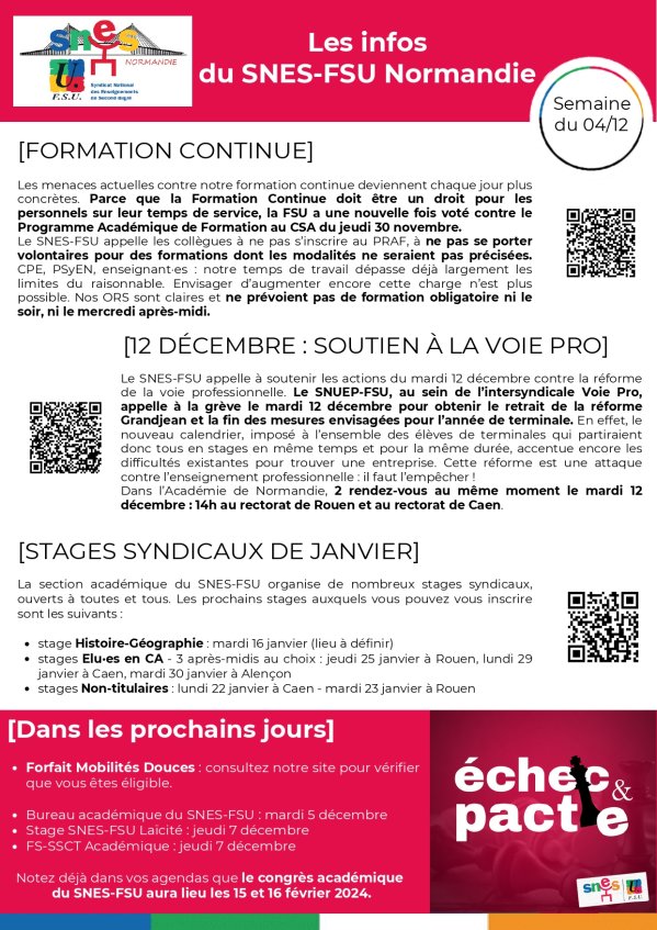 Les infos du SNES-FSU Normandie - semaine du 04/12