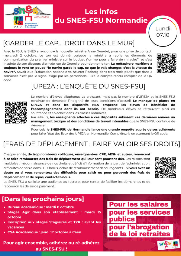 Les infos du SNES-FSU Normandie - semaine du 07/10