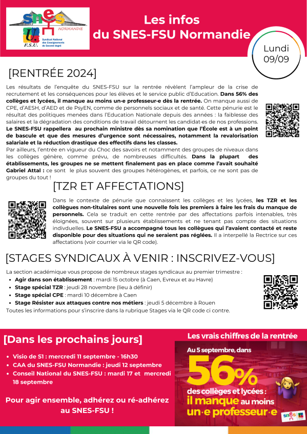 Les infos du SNES-FSU Normandie - semaine du 09/09