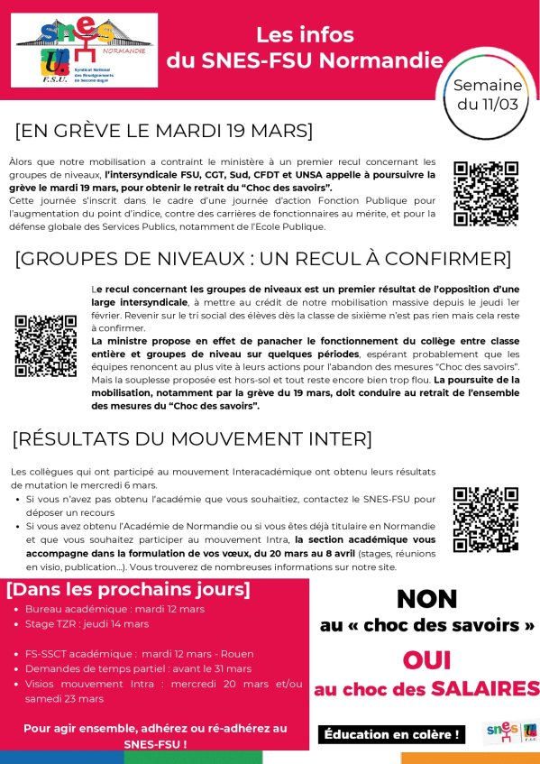 Les infos du SNES-FSU Normandie - semaine du 11/03