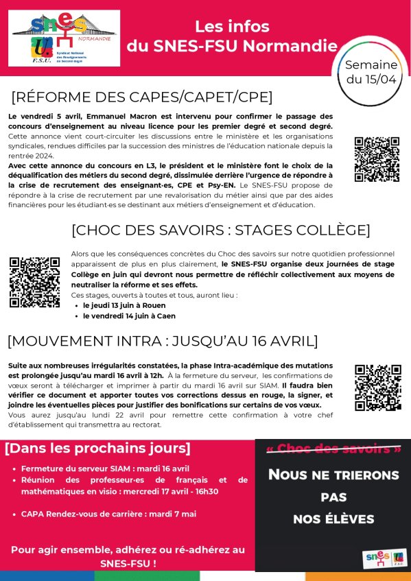 Les infos du SNES-FSU Normandie - semaine du 15/04