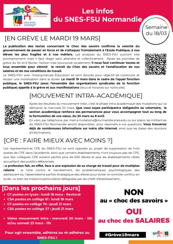 Les infos du SNES-FSU Normandie - semaine du 18/03