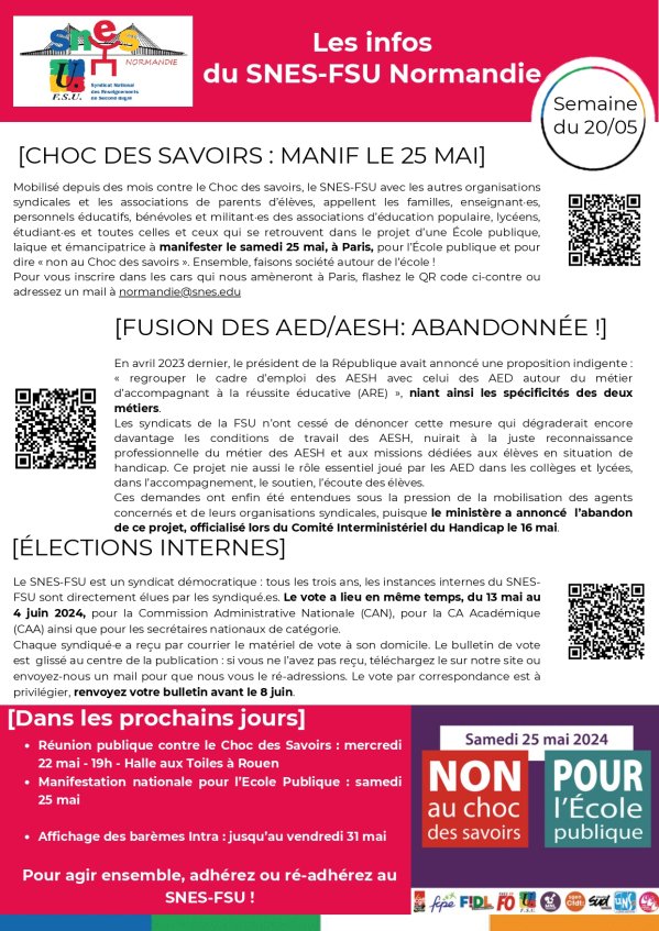 Les infos du SNES-FSU Normandie - semaine du 20/05