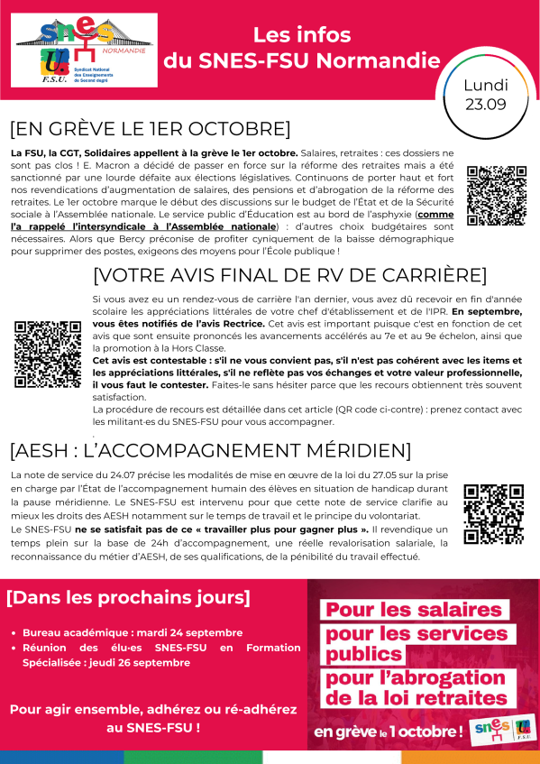 Les infos du SNES-FSU Normandie - semaine du 23/09