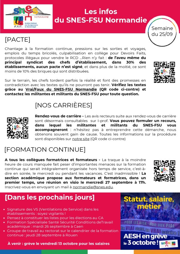 Les infos du SNES-FSU Normandie - semaine du 25/09/23