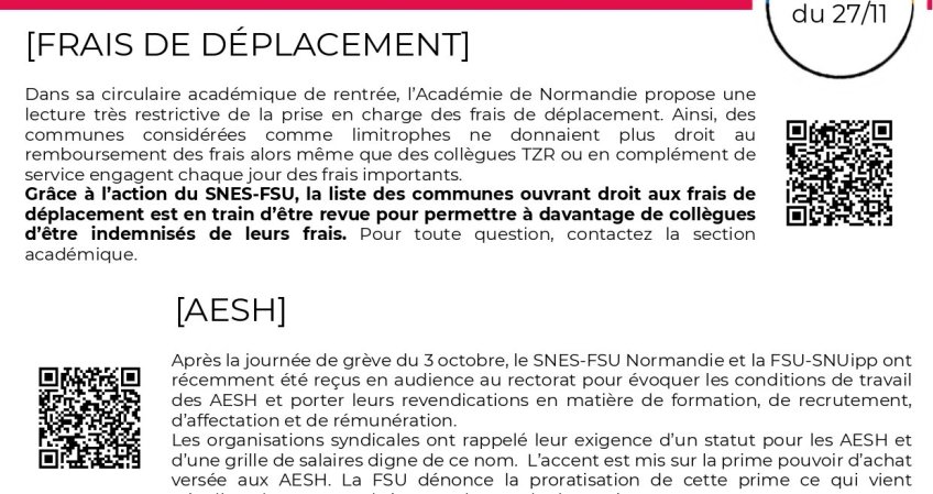 Les infos du SNES-FSU Normandie - semaine du 27/11