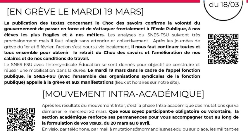 Les infos du SNES-FSU Normandie - semaine du 18/03