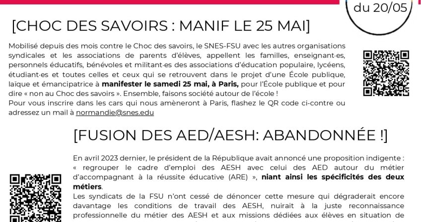 Les infos du SNES-FSU Normandie - semaine du 20/05