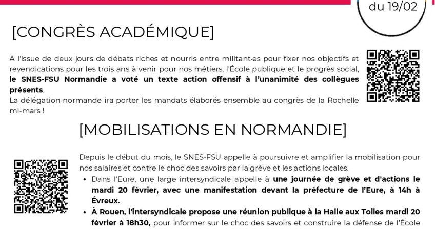 Les infos du SNES-FSU Normandie - semaine du 19/02