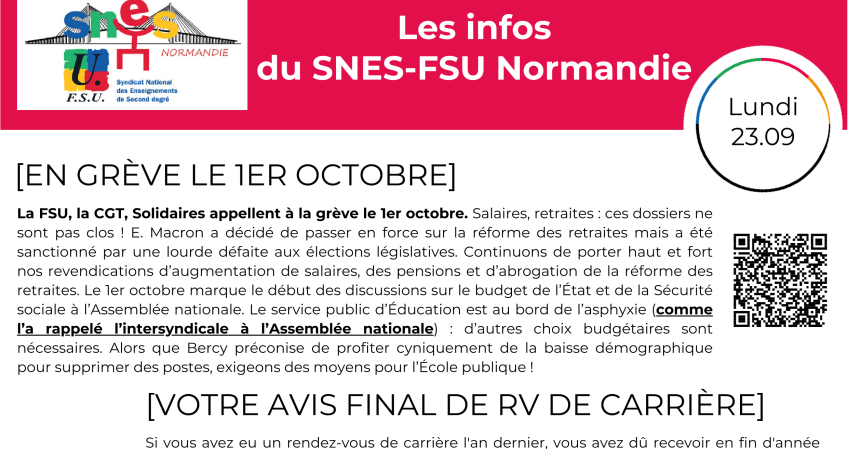 Les infos du SNES-FSU Normandie - semaine du 23/09