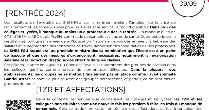 Les infos du SNES-FSU Normandie - semaine du 09/09