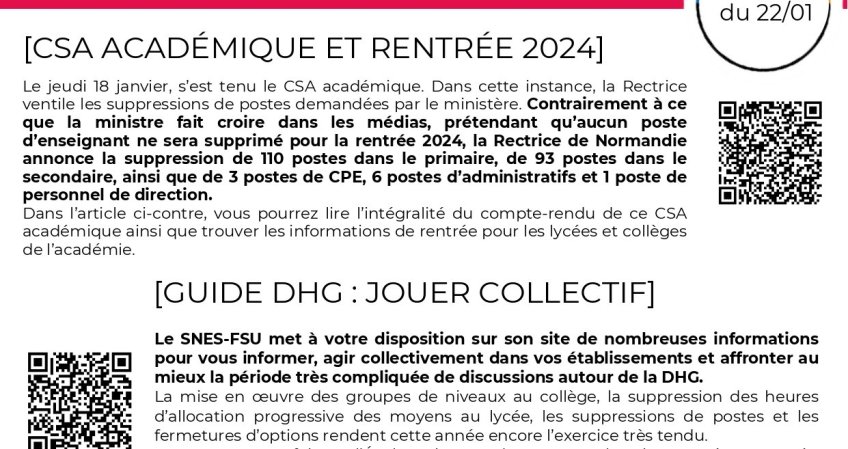 Les infos du SNES-FSU Normandie - semaine du 22/01