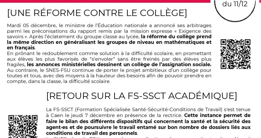 Les infos du SNES-FSU Normandie - semaine du 11/12