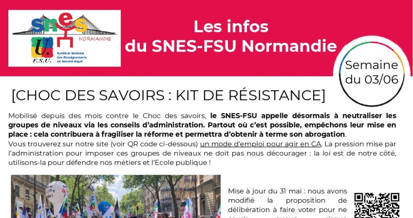 Les infos du SNES-FSU Normandie - semaine du 03/06