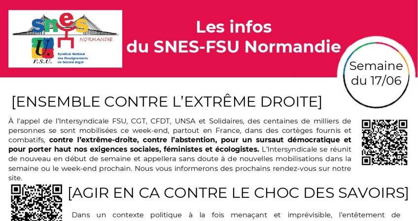 Les infos du SNES-FSU Normandie - semaine du 17/06