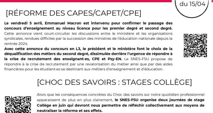 Les infos du SNES-FSU Normandie - semaine du 15/04