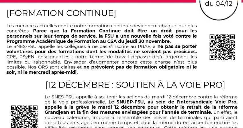 Les infos du SNES-FSU Normandie - semaine du 04/12